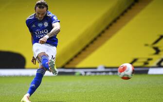 epa08497367 James Maddison of Leicester City in action during the English Premier League soccer match between Watford FC and Leicester City in Watford, Britain, 20 June 2020.  EPA/ANDY RAIN / NMC / EPA POOL EDITORIAL USE ONLY. No use with unauthorized audio, video, data, fixture lists, club/league logos or 'live' services. Online in-match use limited to 120 images, no video emulation. No use in betting, games or single club/league/player publications.