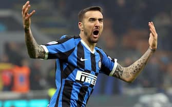 Inter Milans Matias Vecino jubilates after scoring goal of 2 to 2 during the Italian serie A soccer match  Fc Inter and Ac Milan  at Giuseppe Meazza stadium in Milan 09 February  2020.
ANSA / MATTEO BAZZI