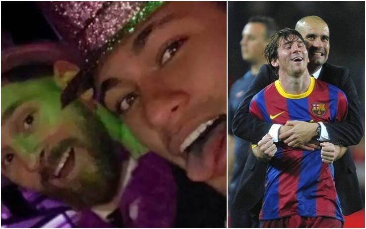 A sinistra Leo e Neymar a una festa, a destra l'abbraccio con Guardiola dopo la vittoria della Champions 2009