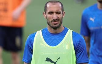 Bologna, Italy, 4th June 2021. Giorgio Chiellini of Italy winks in the direction of fans during the warm up prior to the International Football Friendly match at Stadio Dall'Ara, Bologna. Picture credit should read: Jonathan Moscrop / Sportimage via PA Images