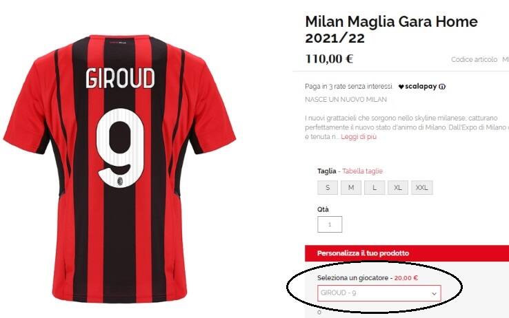 Un'immagine della pagina del sito del Milan con la maglia numero 9 di Giroud