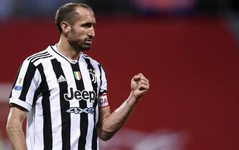 REGGIO EMILIA, ITALY - May 19, 2021: Giorgio Chiellini of Juventus FC celebrates during the TIMVISION Cup final football match between Atalanta BC and Juventus FC. (Photo by NicolÃ² Campo/Sipa USA)