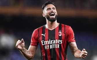 GENOA, ITALY - August 23, 2021: Olivier Giroud of AC Milan celebrates the victory at the end of the Serie A football match between UC Sampdoria and AC Milan. (Photo by NicolÃ² Campo/Sipa USA)