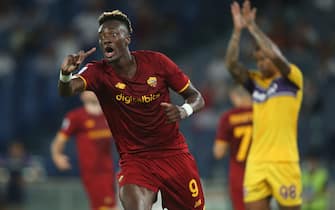 ROME, Italy - 22.08.2021: TAMMY ABRAHAM (AS ROMA) CELEBRATES SCORE in action during the Italian Serie A football match between AS ROMA VS FIORENTINA at Olympic stadium in Rome on August 22th, 2021.
