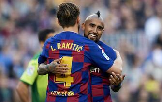 1203011869 Arturo Vidal and Ivan Rakitic of Barcelona celebrates victory after the Liga match between FC Barcelona and SD Eibar SAD at Camp Nou on February 22, 2020 in Barcelona, Spain. (Photo by Jose Breton/Pics Action/NurPhoto via Getty Images)