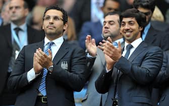 File photo dated 23-08-2010 of Manchester City owner Sheikh Mansour with chairman Khaldoon Al Mubarak (left). Issue date: Wednesday May 26, 2021.