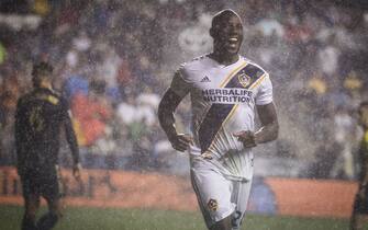 CHESTER, PA - JULY 21: Michael Ciani #28 of LA Galaxy is all smiles after scoring a goal during the Major League Soccer match between LA Galaxy and Philadelphia Union at Talen Energy Stadium on July 21, 2018 in Chester, PA. The LA Galaxy won the match with a score of 3 to 1. (Photo by Ira L. Black/Corbis via Getty Images)