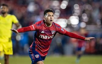 FRISCO, TX - MARCH 12: FC Dallas forward Alan Velasco (#20) celebrates after scoring a second half goal during the MLS soccer game between FC Dallas and Nashville SC on March 12, 2022 at Toyota Stadium in Frisco, TX. (Photo by  Matthew Visinsky/Icon Sportswire via Getty Images)