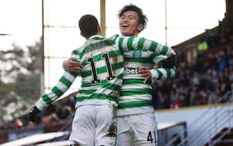 Liel Abada of Celtic celebrates his goal with Reo Hatate during the cinch Premiership match at Fir Park, Motherwell. Picture date: Sunday February 6, 2022. (Photo by Steve Welsh/PA Images via Getty Images)