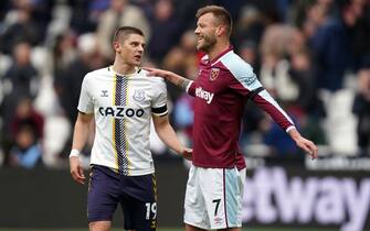 Ukrainian national West Ham United's Andriy Yarmolenko and compatriot Evertons Vitaliy Mykolenko after the Premier League match at the London Stadium, London. Picture date: Sunday April 3, 2022. (Photo by Mike Egerton/PA Images via Getty Images)