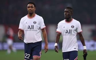 Nice, France, 5th March 2022. Abdou Diallo and Idrissa Gueye of PSG react following the 1-0 defeat in the Uber Eats Ligue 1 match at Allianz Riviera Stadium, Nice. Picture credit should read: Jonathan Moscrop / Sportimage via PA Images