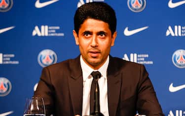 PARIS, FRANCE - MAY 23: Nasser Al-Khelaifi talks during the Press Conference of Paris Saint-Germain at Parc des Princes on May 23, 2022 in Paris, France. (Photo by Antonio Borga/Eurasia Sport Images) (Photo by Antonio Borga/Just Pictures/Sipa USA)