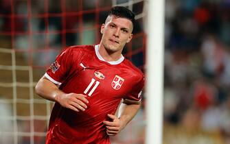 Serbia's Luka Jovic during the UEFA Nations League soccer match between Serbia and Slovenia at the Rajko Mitic Stadium in Belgrade, Serbia, Sunday, June 5, 2022.