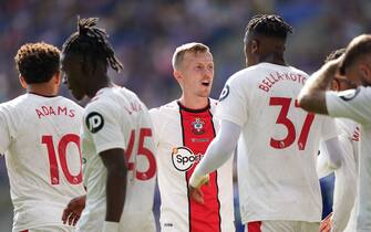 Southampton's James Ward-Prowse (centre) celebrates following the Premier League match at the King Power Stadium, Leicester. Picture date: Saturday August 20, 2022.