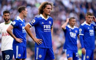 Leicester City's Wout Faes stands dejected during the match during the Premier League match at the Tottenham Hotspur Stadium, London. Picture date: Saturday September 17, 2022.