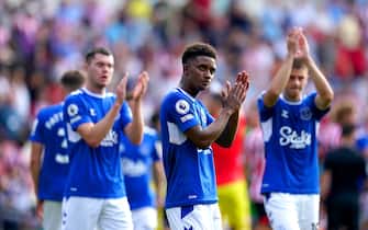 Everton's Demarai Gray (centre) applauds the fans at the end of the Premier League match at the Gtech Community Stadium, London. Picture date: Saturday August 27, 2022.