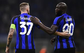 STADIO GIUSEPPE MEAZZA, MILAN, ITALY - 2022/10/26: Romelu Lukaku (R) and Milan Skriniar of FC Internazionale are seen following final whistle of the UEFA Champions League football match between FC Internazionale and FC Viktoria Plzen. FC Internazionale won 4-0 over FC Viktoria Plzen. (Photo by NicolÃ² Campo/LightRocket via Getty Images)