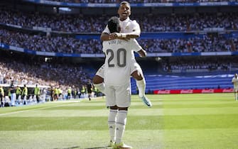 Vinicius Jr. and Rodrygo Goes of Real Madrid during the La Liga match between Real Madrid and Real Betis played at Santiago Bernabeu Stadium on September 3, 2022 in Madrid , Spain. (Photo by Ruben Albarran / PRESSIN)