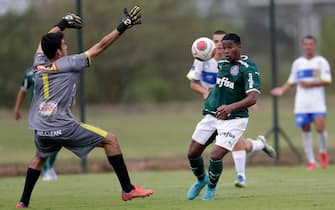 epa09934639 Midfielder Endrick, 15, plays a game as a starter for Palmeiras in Guarulhos, Brazil, 08 May 2022. Endrick, one of the strongest new promises in Brazilian football, continues to accumulate experience for his long-awaited debut in the Palmeiras professional squad and he was once again a starter with the 'Verdao' sub'20 team. Before the debut, which should happen after he turns 16 at the end of July and signs a professional contract, the local and foreign sports press and the eager Palmeiras fans have to settle for these performances. Before the gaze of several foreign media, Endrick started in the 5-1 win over Sao Jose in the Paulista Sub'20 Championship.  EPA/Fernando Bizerra