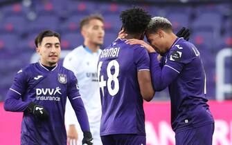 Anderlecht's Albert Sambi Lokonga and Anderlecht's Lukas Nmecha celebrates after winning a soccer match between RSC Anderlecht and Club Brugge KV, Sunday 11 April 2021 in Brussels, on day 33 of the 'Jupiler Pro League' first division of the Belgian championship. BELGA PHOTO VIRGINIE LEFOUR (Photo by VIRGINIE LEFOUR/Belga/Sipa USA)