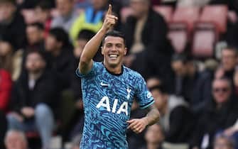 Tottenham Hotspur's Pedro Porro celebrates scoring their side's first goal of the game during the Premier League match at St Mary's Stadium, Southampton. Picture date: Saturday March 18, 2023.