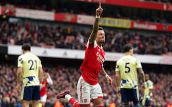 Arsenal's Ben White celebrates scoring their side's second goal of the game during the Premier League match at the Emirates Stadium, London. Picture date: Saturday April 1, 2023.