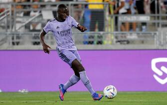 epa10099583 Real Madrid defender Ferland Mendy in action during the second half of the pre-season game between Juventus F.C. and Real Madrid at the Rose Bowl in Pasadena, California, USA, 30 July 2022.  EPA/ETIENNE LAURENT