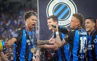 Club's Tajon Buchanan and Club's Noa Lang celebrate after winning a soccer match between Club Brugge KV and RSC Anderleht, Sunday 22 May 2022 in Brugge, on the sixth and last day of the Champions' play-offs of the 2021-2022 'Jupiler Pro League' first division of the Belgian championship. BELGA PHOTO VIRGINIE LEFOUR (Photo by VIRGINIE LEFOUR/Belga/Sipa USA)