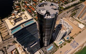 Sunny Isles Beach, FL, USA - September 26, 2021: Aerial photo of Turnberry Ocean Club Residences and Porsche Design Tower