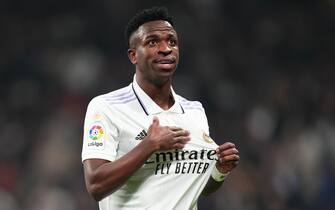 Vinicius Jr of Real Madrid celebrates his goal during the La Liga match between Real Madrid and Valencia CF played at Santiago Bernabeu Stadium on February 2, 2023 in Madrid, Spain. (Photo by Bagu Blanco / PRESSIN)