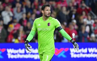 St. Louis City goalkeeper Roman Bürki (1) looks across the field as he walks back to the goal. Minnesota United FC defeated STL City SC 1-0 in a Major League Soccer game at CITY Park Stadium in St. Louis, MO on Saturday April 1, 2023.
Photo by Tim Vizer/Sipa USA