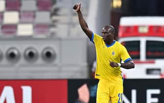(210915) -- DOHA, Sept. 15, 2021 (Xinhua) -- Vincent Aboubakar of Al Nassr celebrates after scoring the opening goal during the round of 16 match of the AFC Champions League between Al Nassr of Saudi Arabia and Tractor FC of Iran in Doha, Qatar, Sept. 14, 2021. (Photo by Nikku/Xinhua) - Nikku -//CHINENOUVELLE_XxjpbeE007301_20210915_PEPFN0A001/2109151107/Credit:CHINE NOUVELLE/SIPA/2109151108