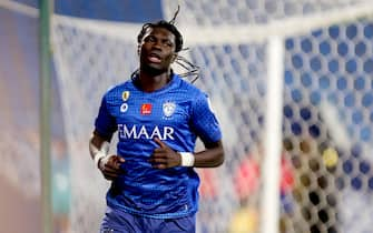 epa08634550 Al-Hilal's player Bafetimbi Gomis celebrates after scoring a goal during the Saudi Professional League soccer match between Al-Hilal and Al-Hazm, in Riyadh, Saudi Arabia, 29 August 2020.  EPA/STR