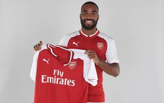 ST ALBANS, ENGLAND - JULY 04:  Arsenal unveil new signing Alexandre Lacazette at London Colney on July 4, 2017 in St Albans, England.  (Photo by Stuart MacFarlane/Arsenal FC via Getty Images)