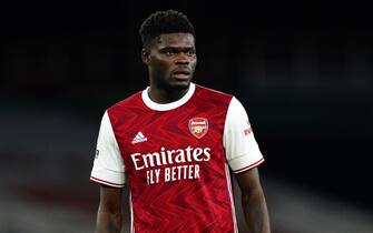 epa08773806 Thomas Partey of Arsenal reacts during the English Premier League soccer match between Arsenal FC and Leicester City in London, Britain, 25 October 2020.  EPA/Will Oliver / POOL EDITORIAL USE ONLY. No use with unauthorized audio, video, data, fixture lists, club/league logos or 'live' services. Online in-match use limited to 120 images, no video emulation. No use in betting, games or single club/league/player publications.