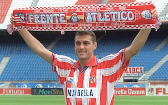 Italian player Christian Vieri poses in the colours of his new team Atletico Madrid, 16 July, during his official presentation.