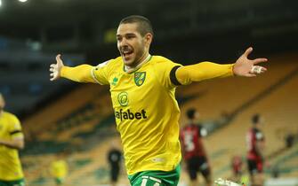 Emi Buendia #17 of Norwich City celebrates after making it 1-0 in Norwich, UK on 4/17/2021. (Photo by Glenn Sparkes/News Images/Sipa USA)