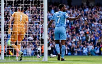 Manchester City's Raheem Sterling celebrates after scoring his sides first goal of the game during the Premier League match at the Etihad Stadium, Manchester. Picture date: Sunday May 8, 2022.