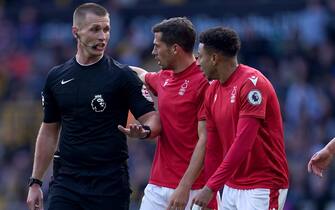 Nottingham Forest's Remo Freuler and Jesse Lingard (right) appeal to referee Thomas Bramall during the Premier League match at Molineux Stadium, Wolverhampton. Picture date: Saturday October 15, 2022.