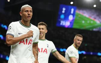 07.9.22 Tottenham Hotspur v Marseille, UEFA Champions League. Richarlison of Tottenham scores and celebrates scoring his teams opening goal of the match 

Material must be credited "The Times/News Licensing" unless otherwise agreed. 100% surcharge if not credited. Online rights need to be cleared separately. Strictly one time use only subject to agreement with News Licensing