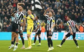 Newcastle United's Joelinton, Sven Botman, goalkeeper Nick Pope and Miguel Almiron celebrate after the Premier League match at St James' Park, Newcastle. Picture date: Saturday November 12, 2022.