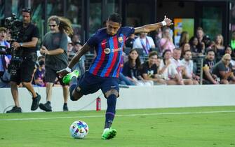 Fort Lauderdale, Florida, USA, July 19, 2022, FC Barcelona forward Raphinha makes a pass in the first half at DRV PNK Stadium in a Friendly Match.  (Photo by Marty Jean-Louis/Sipa USA)