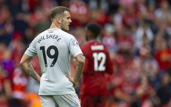 epa06945749 West Ham United's Jack Wilshere reacts during the English Premier League soccer match between Liverpool and West Ham at the Anfield in Liverpool, Britain, 12 August 2018.  EPA/PETER POWELL