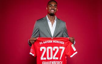 MUNICH, GERMANY - JUNE 13: Newly signed player of FC Bayern Muenchen Ryan Gravenberch poses for a picture at Saebener Strasse training ground on June 13, 2022 in Munich, Germany. Ryan Gravenberch has signed a contract until 2027. (Photo by S. Mellar/FC Bayern via Getty Images)