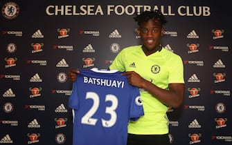 COBHAM, ENGLAND - JULY 03: (EXCLUSIVE COVERAGE) Chelsea's new signing Michy Batshuayi poses with the club's shirt at Chelsea Training Ground on July 3, 2016 in Cobham, England. (Photo by Darren Walsh/Chelsea FC via Getty Images)