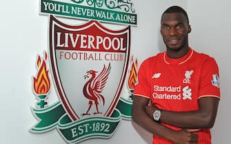 LIVERPOOL, ENGLAND - JULY 22: (THE SUN OUT, THE SUN ON SUNDAY OUT) (EXCLUSIVE COVERAGE) (MINIMUM PRINT/BROADCAST FEE OF GBP 150, ONLINE FEE OF GBP 75 PER IMAGE, OR LOCAL EQUIVALENT)  Liverpool unveil new signing Christian Benteke at Melwood Training Ground on July 22, 2015 in Liverpool, England.  (Photo by John Powell/Liverpool FC via Getty Images)