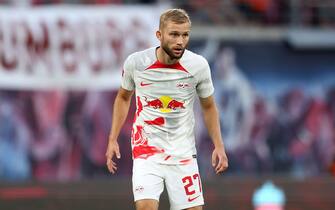 LEIPZIG, GERMANY - JULY 21: Konrad Laimer of Leipzig looks on during the pre-season friendly match between RB Leipzig and Liverpool FC at Red Bull Arena on July 21, 2022 in Leipzig, Germany. (Photo by Alexander Hassenstein/Getty Images)