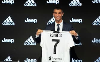 Juventus new signing Cristiano Ronaldo during the presentation press conference at Allianz stadium on July 16, 2018 in Turin, Italy.