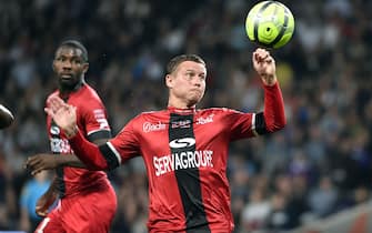 Guinpamp's defender Franck Tabanou run with the ball during the French L1 match between Toulouse and Guingamp on may 19, 2018, at the Municipal Stadium in Toulouse, southern France. (Photo by REMY GABALDA / AFP)        (Photo credit should read REMY GABALDA/AFP via Getty Images)