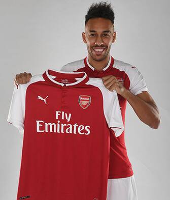 ST ALBANS, ENGLAND - JANUARY 31: (EXCLUSIVE ACCESS)   Arsenal unveil new signing Pierre-Emerick Aubameyang at London Colney on January 31, 2018 in St Albans, England.  (Photo by Stuart MacFarlane/Arsenal FC via Getty Images)